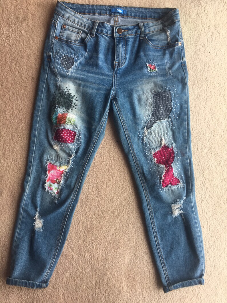 Boro appliqu\u00e9 reworked jeans Custom made for you!