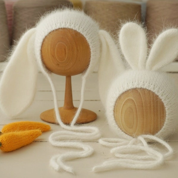 Bunny ears hat, Newborn angora bunny toy, Knit carrot, Photography outfit