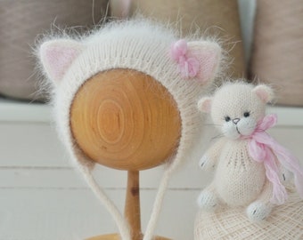 Kitten baby hat and toy, Newborn hat with cat ears, Newborn angora toy, Plush kitten, Photography outfit