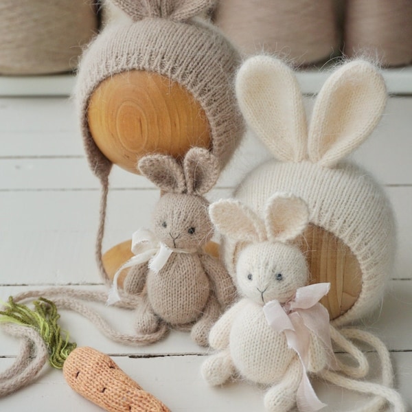 Angora bunny hat, Rabbit stuffed toy, Knit carrot, Newborn photography accessories