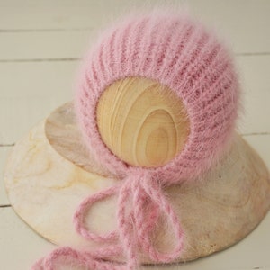 Cappellino per neonato in morbida lana d&#39;angora rosa – Cappellino lavorato a mano per neonati, accessori per la fotografia e regalo per baby shower