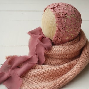Newborn lace bonnet, Rust red baby hat, Newborn wrap, Baby girl photography outfit