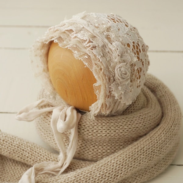 Beige lace bonnet, Newborn wrap, Rustic bonnet, Neutral photo props