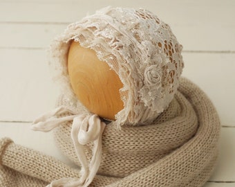 Beige lace bonnet, Newborn wrap, Rustic bonnet, Neutral photo props