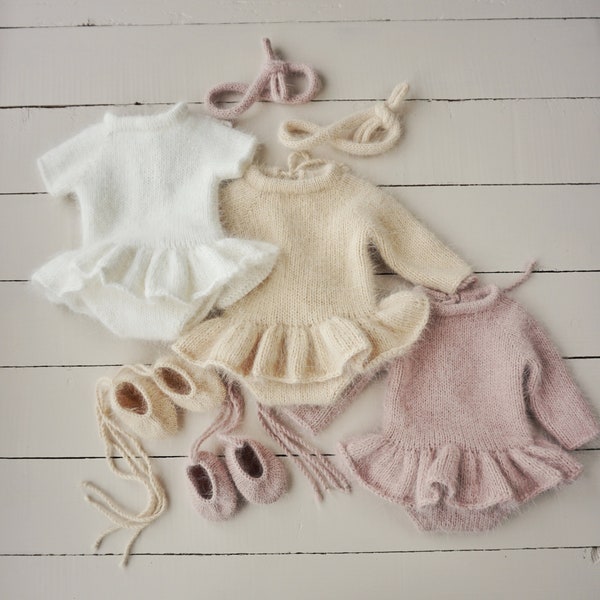 Tenue de ballerine pour nouveau-né : barboteuse à volants en angora, chaussons de ballerine, embrasse, accessoire de photographie