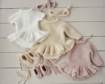 Newborn ballerina outfit: angora ruffled romper dress, ballerina booties, tieback handband, Photography prop