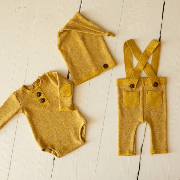 Baby boy fall outfit, Mustard romper set, Sleepy hat, Bodysuit, Pants with straps, Suspender pants, Photography props