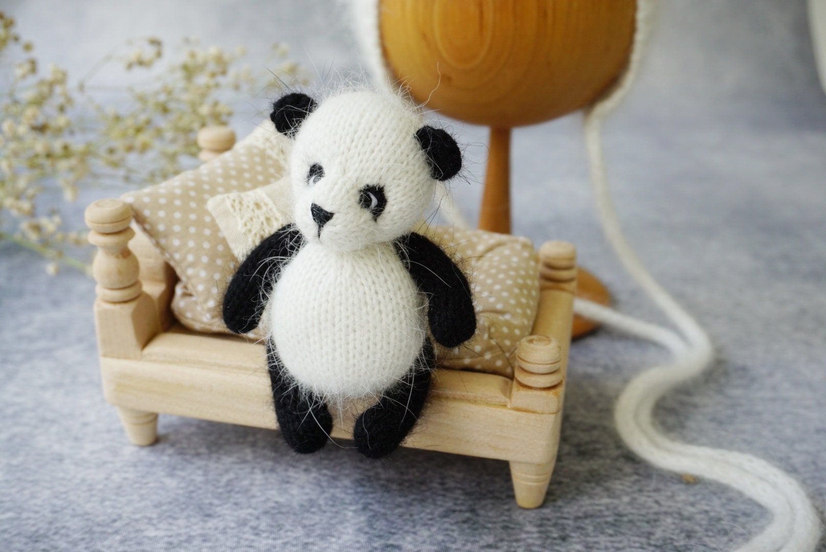 Panda Outfit for Newnorn Photography, Panda Bonnet, Panda Toy, Angora Wrap,  Newborn Socks 