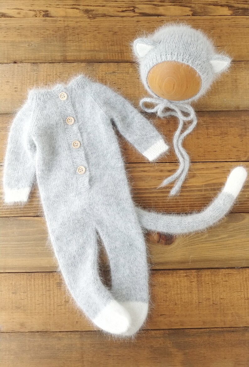 Newborn Baby Cat Outfit Gray Footed Romper Removeable Cat Etsy