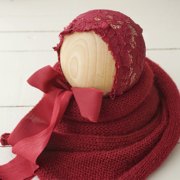Bordeaux bonnet and knit wrap set, Newborn posing props, Christmas New Year Photography outfit