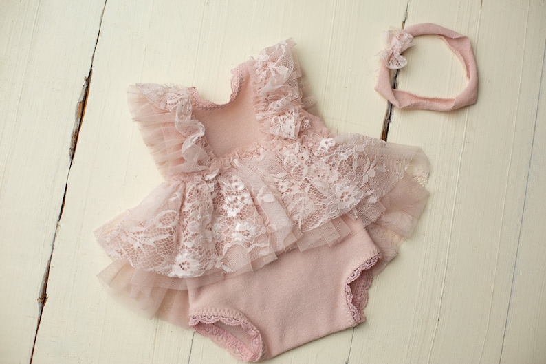 Pale Pink Baby Girl Dress Lace Ruffles Romper Bow Headband Etsy