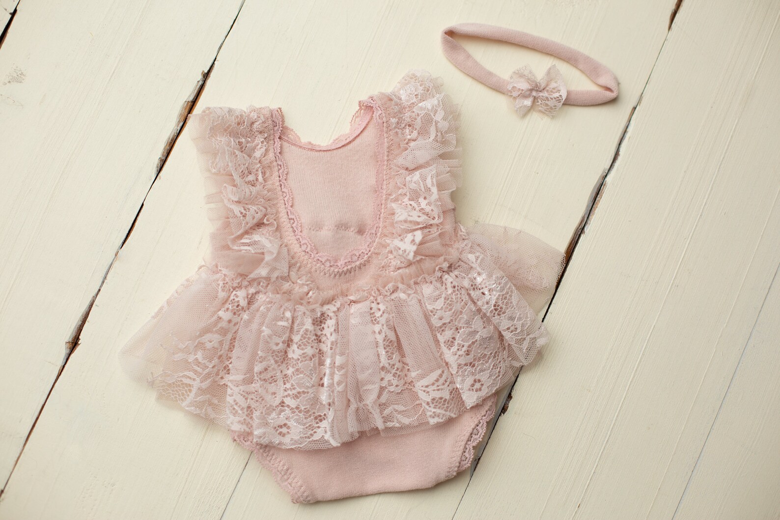 Pale Pink Baby Girl Dress Lace Ruffles Romper Bow Headband - Etsy