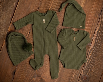 Newborn green olive outfit: Footed romper, Bodysuit, Sleepy hat, Photography props