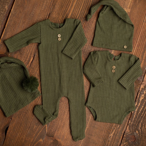 Newborn green olive outfit: Footed romper, Bodysuit, Sleepy hat, Photography props