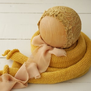 Dark mustard lace bonnet and wrap set, Newborn posing props