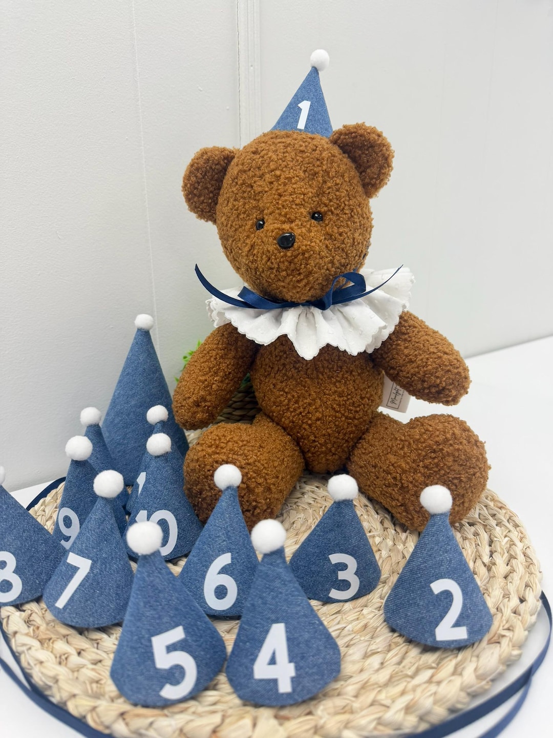 Baby Monthly Milestone Hat Set With Teddy Bear – Denim Theme (1–12 ...