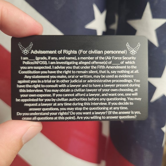 US Air Force Advisement of Rights Metal Card AFOSI USAF Article 31