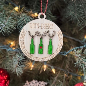 Funny Christmas Ornament – “Rein-Beers” Engraved Wooden Ornament, Beer Lover Gift, Holiday Decor, Christmas Tree Ornament, Stocking Stuffer