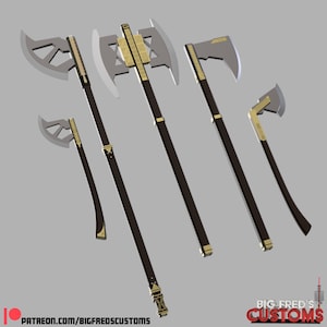 May include: Five different axe designs with gold accents and black handles. The axes have a variety of blade shapes and sizes.  The axes are displayed against a grey background.  The text "BIG FRED'S CUSTOMS" is visible in the bottom right corner of the image.