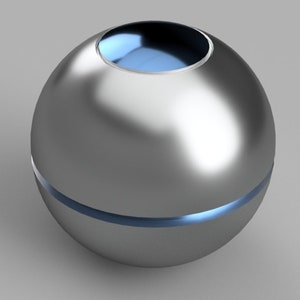 Puede incluir: Una esfera plateada con un anillo azul alrededor del medio y una abertura azul en la parte superior.