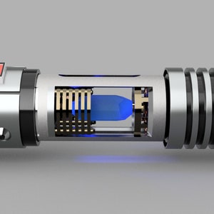 May include: A silver lightsaber with a blue blade and a red power indicator. The lightsaber is cut open to reveal the internal components.