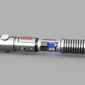 May include: A silver lightsaber with a blue blade, showing the internal workings of the lightsaber. The lightsaber has a black and red control panel and a silver handle.