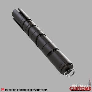 May include: A black lightsaber with a textured, segmented design and a silver ring at the end. The lightsaber is made of metal and has a sleek, modern look.