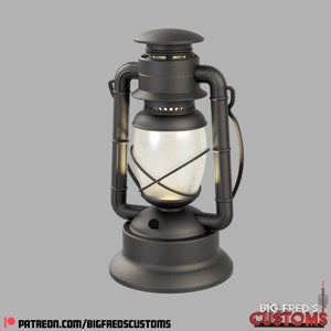 May include: A black metal lantern with a clear glass globe and a white light inside. The lantern has a handle on the top and a base with a decorative design.