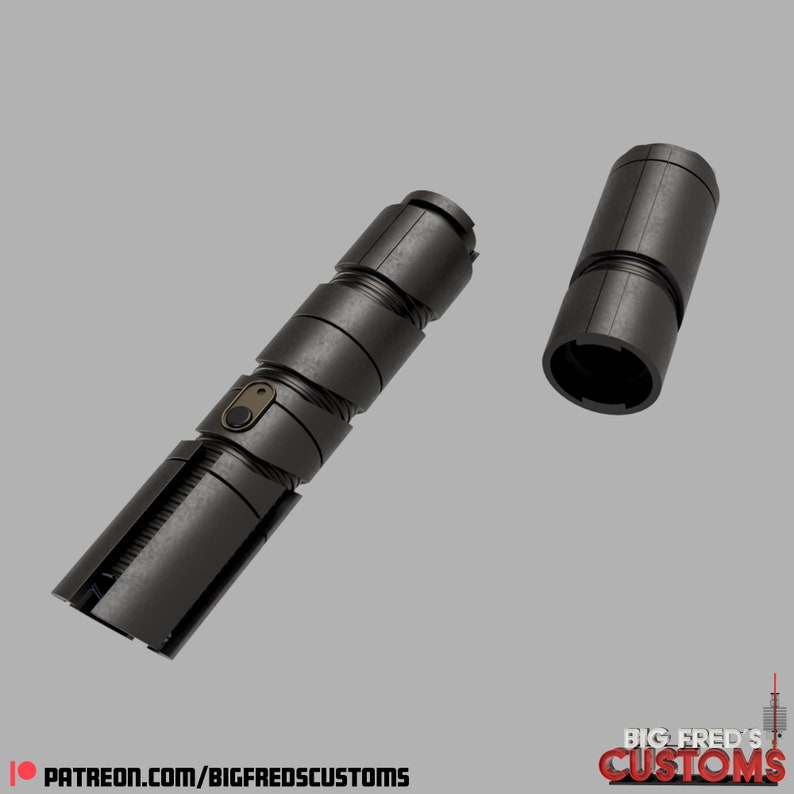 May include: A black lightsaber hilt with a silver button and a textured surface. The hilt is made up of multiple sections that can be assembled and disassembled. The hilt is shown next to a separate section of the hilt.
