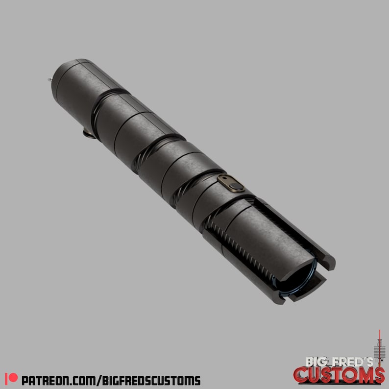 May include: A black lightsaber with a silver button and a textured, segmented design. The lightsaber is made of metal and has a blue light at the end.
