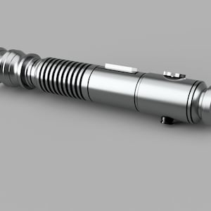 May include: A silver lightsaber with a ribbed handle and a black button on the side.