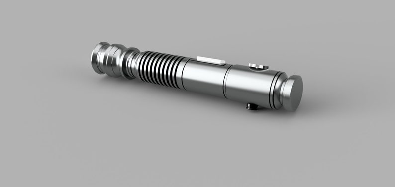 May include: A silver lightsaber with a ribbed handle and a black button on the side.