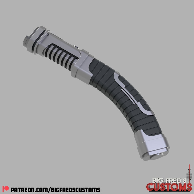 May include: A silver and black lightsaber hilt with a curved handle and a textured grip. The hilt has a silver band with a black stripe running down the length of the handle.