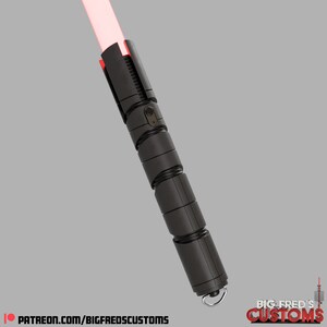 May include: A black lightsaber with a red blade and a silver button. The lightsaber has a textured, segmented design and a loop at the end.