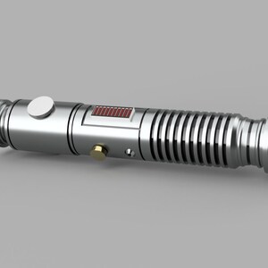 May include: A silver lightsaber with a black and red detail on the handle. The lightsaber has a ribbed texture and a black button on the side.