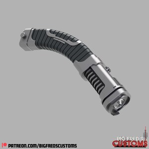 May include: A silver and black lightsaber hilt with a textured grip and a silver emitter. The hilt is curved and has a small button on the side.