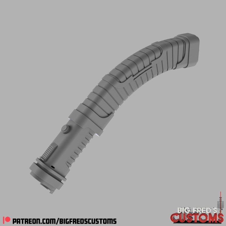 May include: A gray lightsaber hilt with a textured surface and a curved handle. The hilt has a button and a switch on the side.