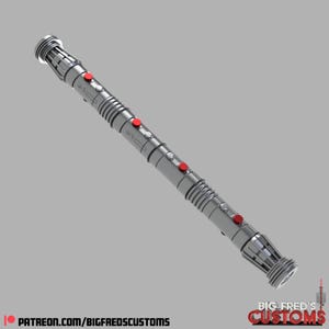 May include: A silver lightsaber with red and white buttons and a ribbed design. The hilt has a cylindrical shape with detailed end caps. The text "BIG FRED'S CUSTOMS" is in red. The URL "patreon.com/BIGFREDSCUSTOMS" is also visible.