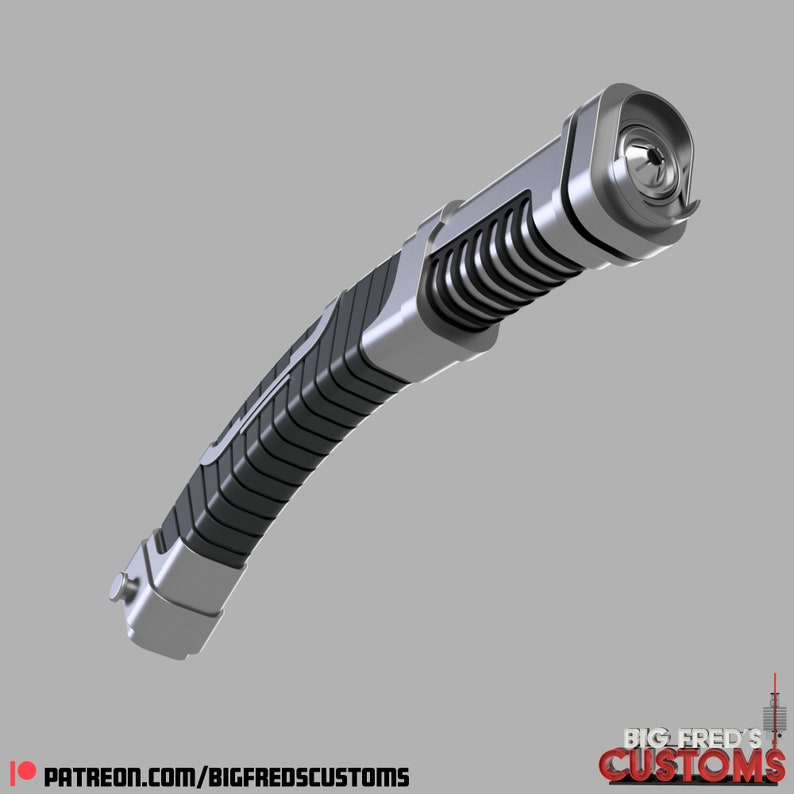 May include: A silver and black lightsaber prop with a textured grip and a spring-loaded emitter. The lightsaber is curved and has a silver ring around the emitter.