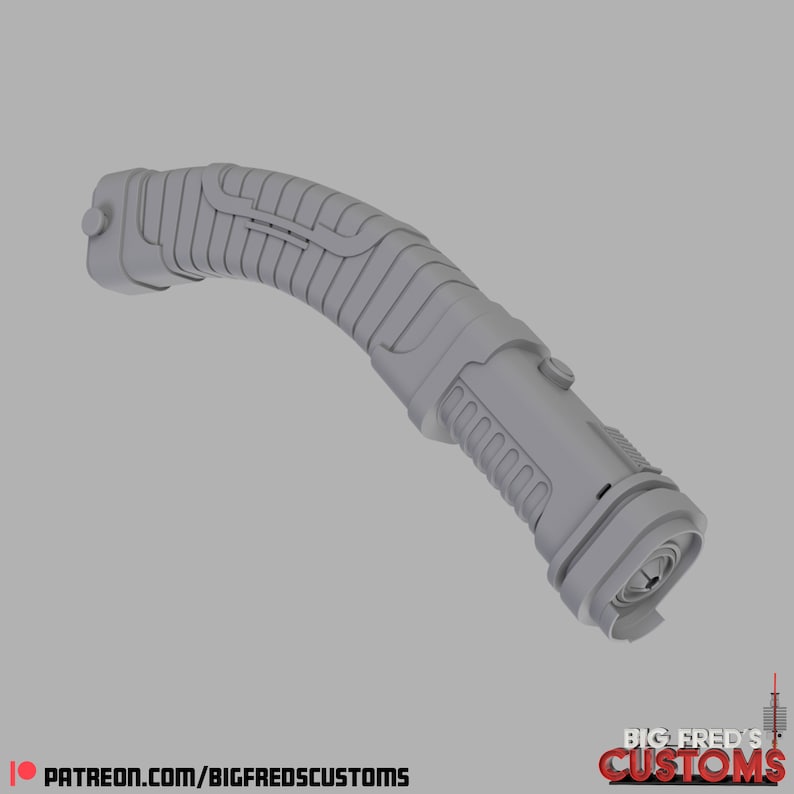 May include: A gray 3D printed lightsaber hilt with a textured surface and a button on the side. The hilt is curved and has a rounded end.