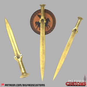 May include: Three gold-colored swords with a decorative design. The swords have a pointed tip and a rounded handle. The swords are displayed against a gray background.