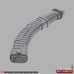 May include: A gray 3D printed lightsaber hilt with a textured grip and a round button on the end.