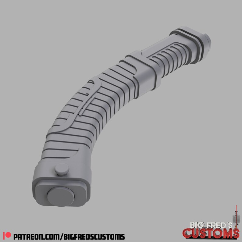 May include: A gray 3D printed lightsaber hilt with a textured grip and a round button on the end.
