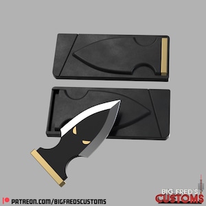 Puede incluir: Un cuchillo de bolsillo negro y dorado con una hoja afilada y un diseño único. El cuchillo está abierto y descansando en una funda negra.