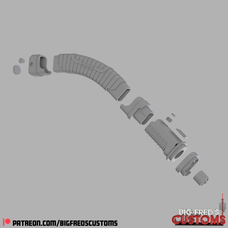 May include: A disassembled lightsaber model with multiple pieces, including a curved hilt, a blade holder, and a power cell. The pieces are made of a light gray plastic and are arranged on a gray background.