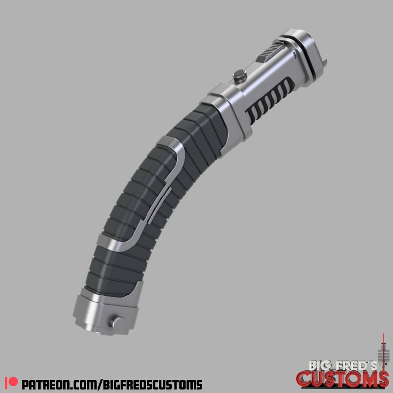May include: A silver and black lightsaber with a curved handle. The handle has a textured grip and a silver button on the side.