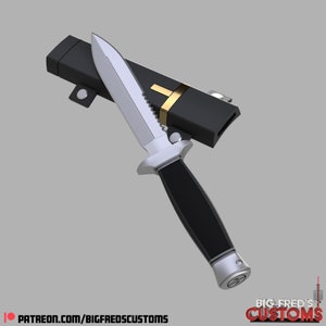 May include: A silver and black knife with a serrated blade and a black sheath. The knife is partially out of the sheath, and the sheath has a gold accent.