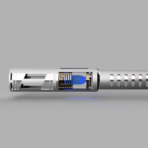 May include: A silver-colored, cylindrical object with a blue light inside. The object has a series of holes and a black stripe on the side.