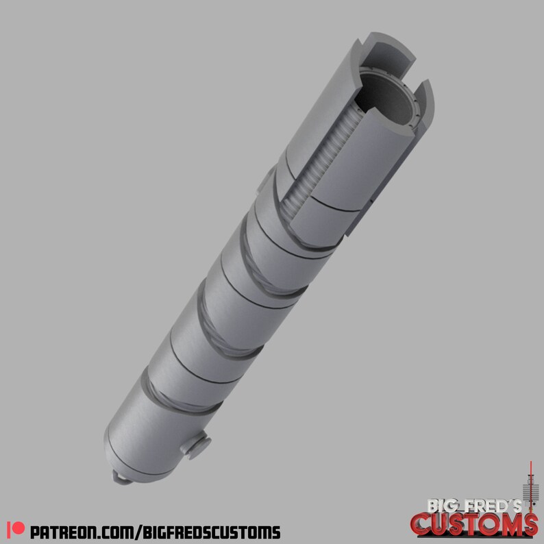 May include: A gray 3D printed lightsaber hilt with a textured surface and a removable section. The hilt is designed to be assembled and disassembled.