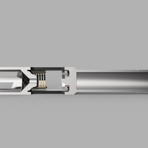 May include: A cutaway view of a silver metal object with a series of small, black, cylindrical components inside. The object has a smooth, cylindrical body and a rounded end.